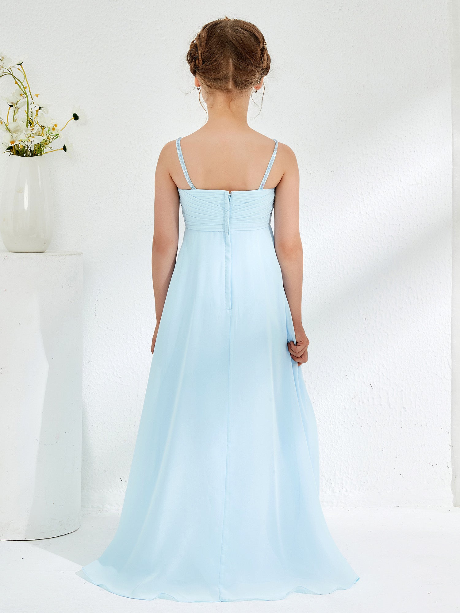 Cute V-neck Spaghetti Straps Floor-length Junior Bridesmaid Dresses Sky Blue